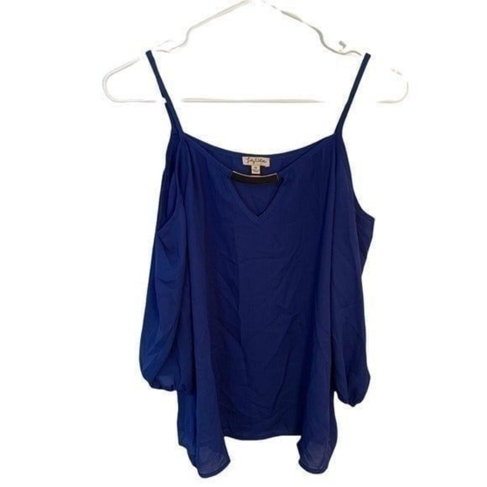 Lily White Women's Size XS Cold Shoulder Blouse Royal Blue Keyhole Metal Square